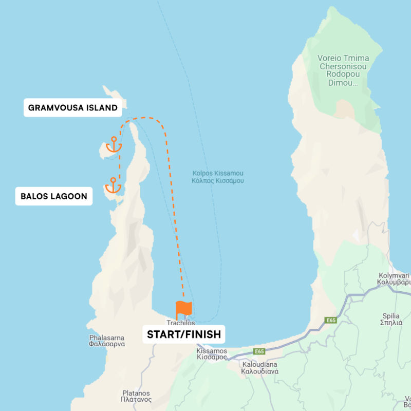 Map of the cruise, starting from kissamos and stopping at Balos Lagoon and Gramvousa island.